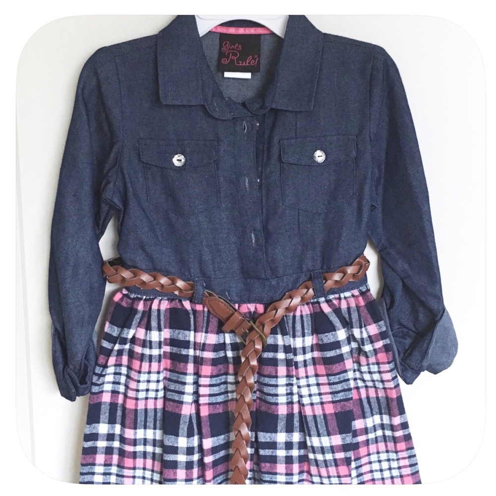 🌀SALE! 💗Girls Belted Button Up Plaid Dress - Picture 2 of 4